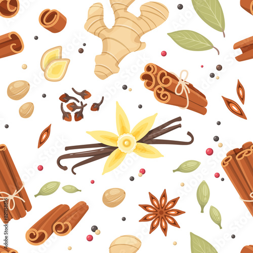 Cartoon dry spices seamless pattern. Fragrant seasonings for desserts and sweet pastries, cinnamon stick, vanilla, ginger, kitchen textile, wrapping paper, wallpaper design. Vector background