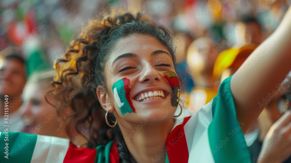 An Italian flag painted face fan cheers on the team to win, beating a tambourine and celebrating a goal at a soccer stadium. Crowds celebrate the win and celebrate goal. An Italian flag painted face fan cheers on the team to win, beating a tambourine and celebrating a goal at a soccer stadium. Crowds celebrate the win and celebrate goal.