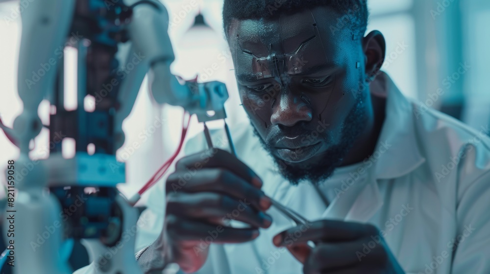 Photograph of an African engineer working on a robot dog concept with a screwdriver in a modern high technology research laboratory. Photograph of an African engineer working on a robot dog concept with a screwdriver in a modern high technology research laboratory.