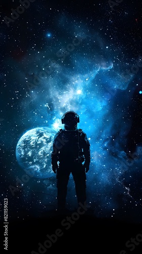 Fantastic background with a spaceman in the blue color galaxy with earth planet.