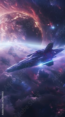 Fantastic background with a spaceship in the galaxy 