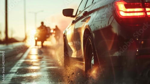 The Highway Traffic Patrol Car is pursuing a criminal vehicle that is speeding up the road. Police officers are chasing the suspect on the road. Sirens blare and dust is flying. A stylish cinematic photo