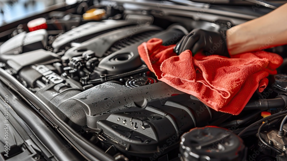 Cleaning the car engine with a microfiber cloth Cleaning the car engine with a microfiber cloth