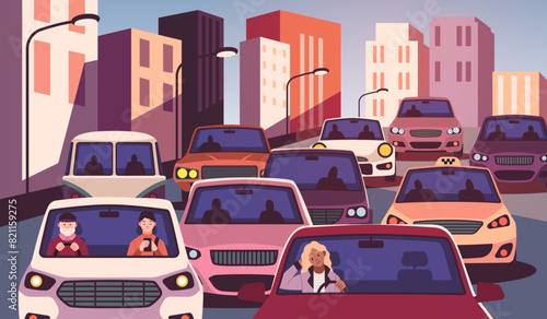 Cars with people stuck in traffic. Drivers and passengers, front view, urban transport collapse, waiting for movement, city landscape cartoon flat isolated illustration, tidy vector concept