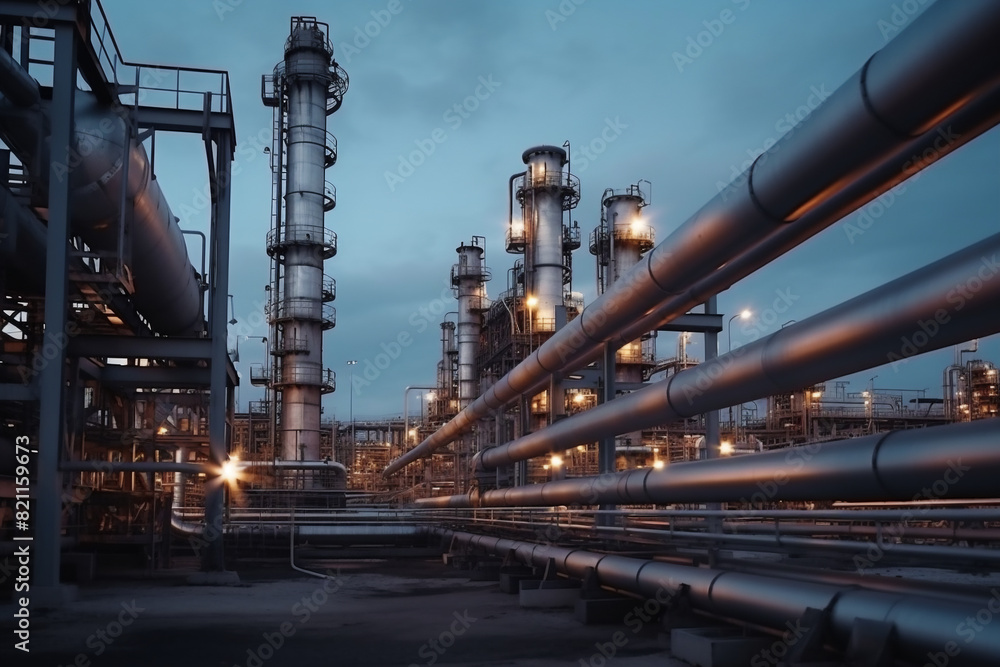 Medium shot of pipeline and pipe rack of industrial plant or industrial refinery factor with a cloudy sky at night; the future of energy