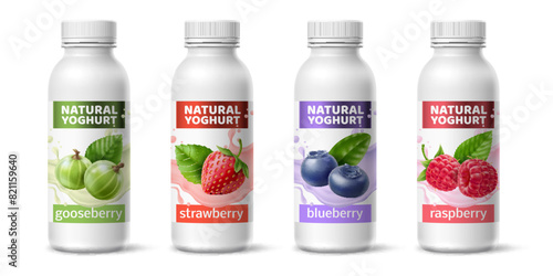Berry yoghurts. Realistic bottle with milk beverage, strawberry, gooseberry, blueberry and raspberry. Plastic packaging with closed cap, healthy dairy product. 3d isolated vector set