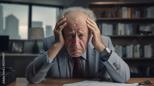 A tired and frustrated elderly and Caucasian business man is standing in front of his modern office desk with his hands in her hair with side-lighting
