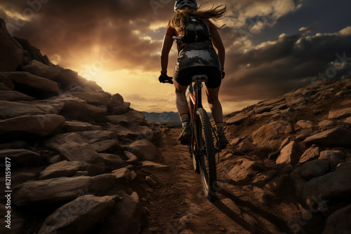 A stunning foto of a young adult and Mongolian woman riding her bicycle on a rocky mountain, a frontside portrait of a girl racing her mountain-bike on a dusty hillside full of rocks at sunset photo