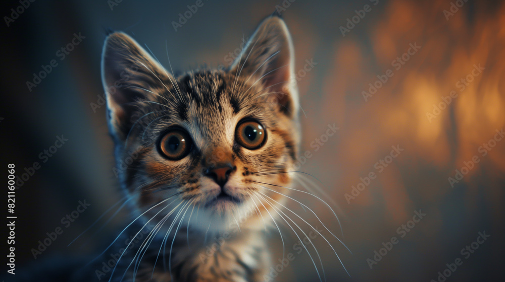 A curious and wide-eyed tabby kitten looks intently at the camera, showcasing its delicate whiskers and expressive eyes against a soft, blurred background A curious and wide-eyed tabby kitten looks intently at the camera, showcasing its delicate whiskers and expressive eyes against a soft, blurred background