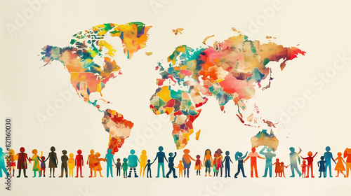 A colorful map of the world is displayed with diverse figures of people holding hands beneath it, symbolizing global unity and diversity