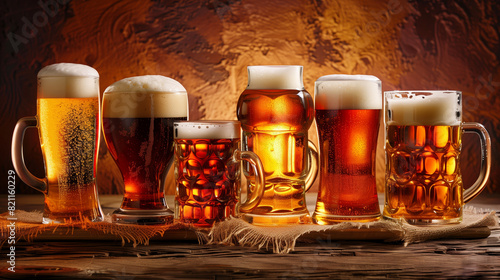 A selection of frothy beers in various glass mugs is displayed on a rustic wooden surface with a warm, inviting background, perfect for celebrating International Beer Day photo