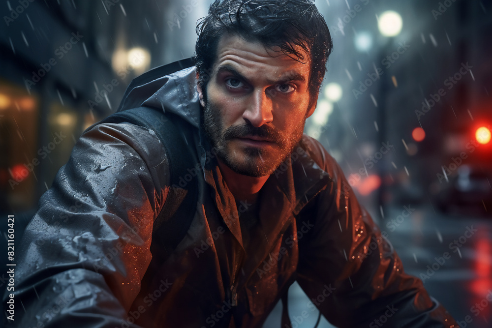 A beautiful adult of Latinformal man riding his bicycle to work, a frontside portrait of a guy commuting on a bicycle on a rainy day in an urban street at midnight A beautiful adult of Latinformal man riding his bicycle to work, a frontside portrait of a guy commuting on a bicycle on a rainy day in an urban street at midnight