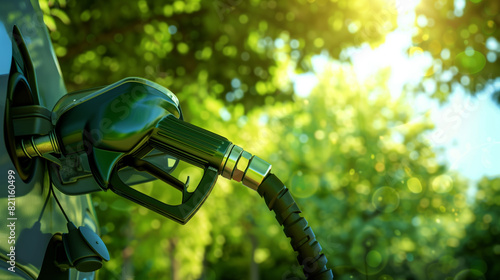 A green fuel nozzle is connected to a vehicle with a lush, sunlit background of trees, representing eco-friendly refueling