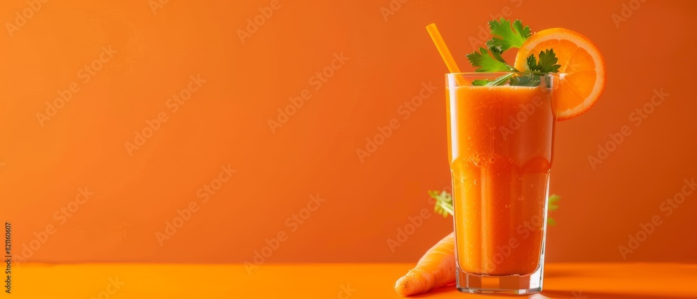 Healthy Carrot Smoothie with Orange Background and Parsley Garnish, Copy Space