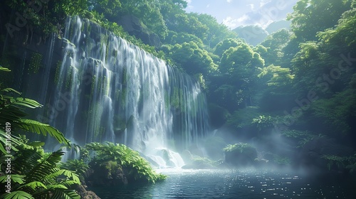 Design an inspiring image of a hydroelectric dam with water cascading down and lush greenery surrounding it