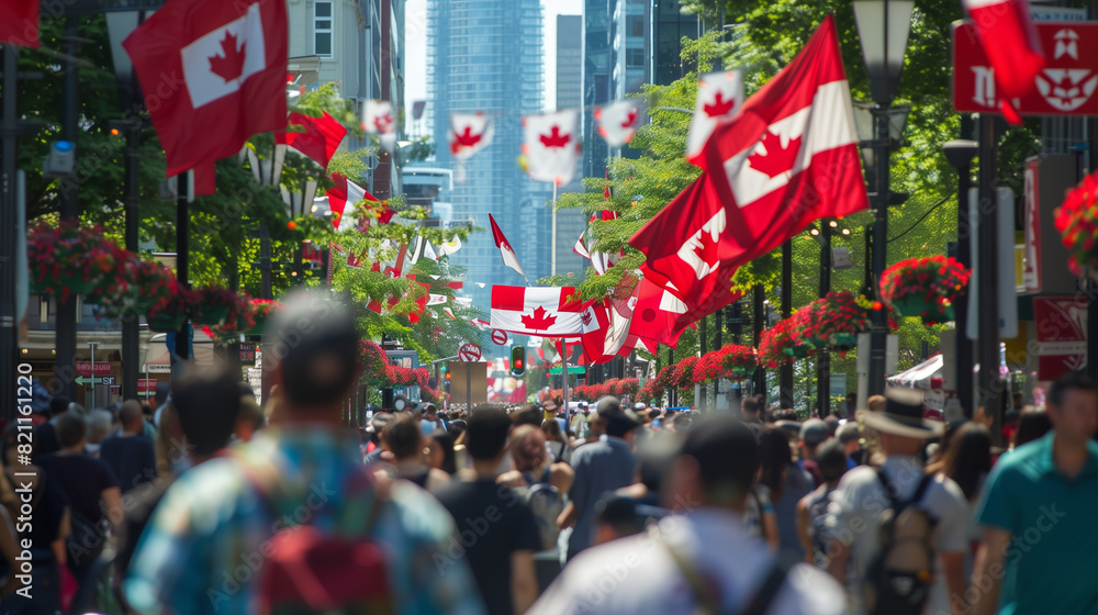 Obraz premium A bustling street in Canada adorned with numerous Canadian flags and flower decorations, filled with people celebrating a national holiday under a sunny sky