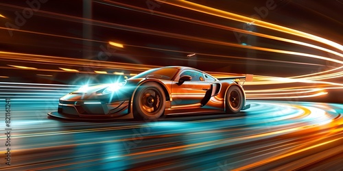 Neonlit sports car speeds along vibrant night track with powerful acceleration. Concept Neon Lights, Sports Cars, Racing, Power, Night Life © Ян Заболотний