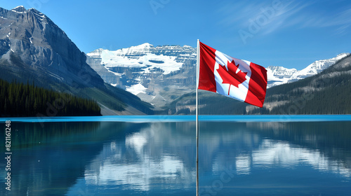 A scenic view of a Canadian flag waving in front of a serene lake with majestic snow-capped mountains in the background, under a clear blue sky
