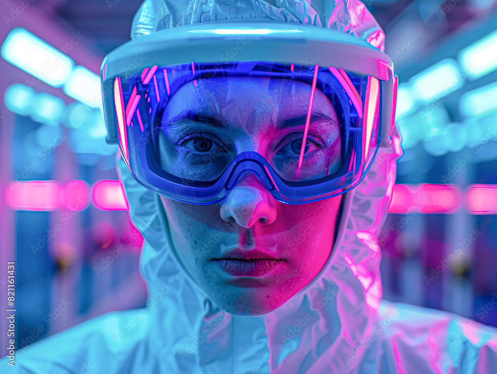 a selfie of a nano-engineer in a clean room suit, with the unique texture of the suit illuminated by the specialized lighting of the facility. a selfie of a nano-engineer in a clean room suit, with the unique texture of the suit illuminated by the specialized lighting of the facility.