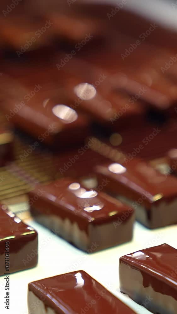 Mouth-watering sweets come from the grid to the conveyor line. Ready-made candies covered with black chocolate. Delicious desserts manufacturing close-up. Vertical video Mouth-watering sweets come from the grid to the conveyor line. Ready-made candies covered with black chocolate. Delicious desserts manufacturing close-up. Vertical video