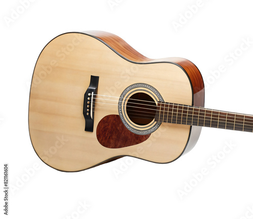 A brown wooden acoustic guitar rests alone on a white background