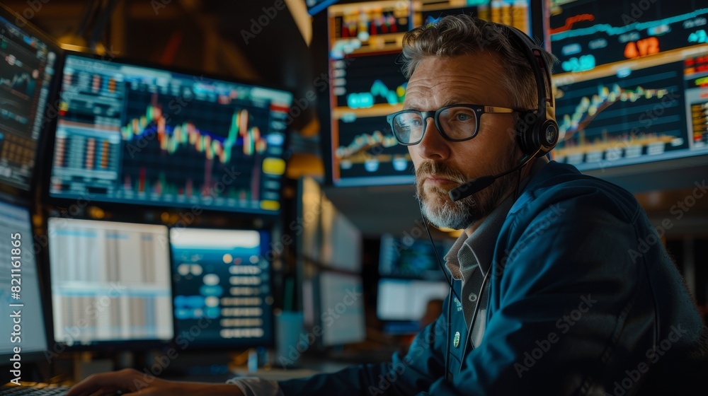 This is a picture of a stock exchange trader making a deal with a powerful client over a headset. He works with other brokers and is surrounded by computers and screens displaying graphs and ticker This is a picture of a stock exchange trader making a deal with a powerful client over a headset. He works with other brokers and is surrounded by computers and screens displaying graphs and ticker