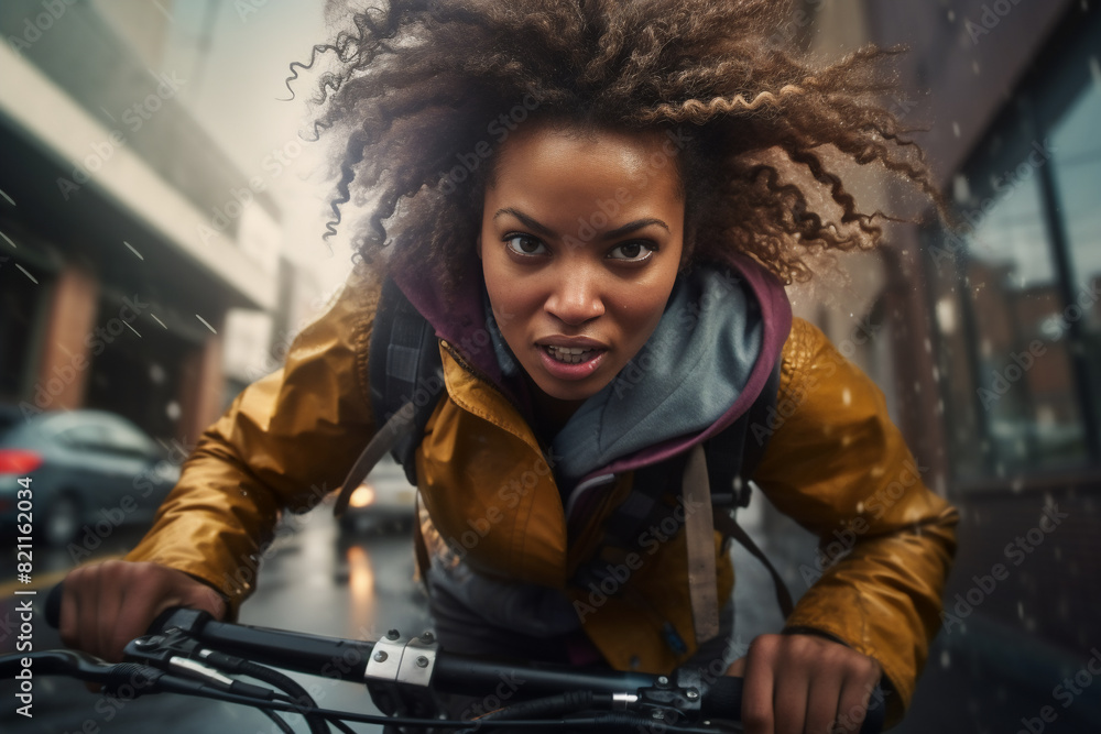 A beautiful young adult of South-African hipster woman riding her bicycle to work, a frontside portrait of a woman commuting on a bicycle on a rainy day in an urban street at mid-day