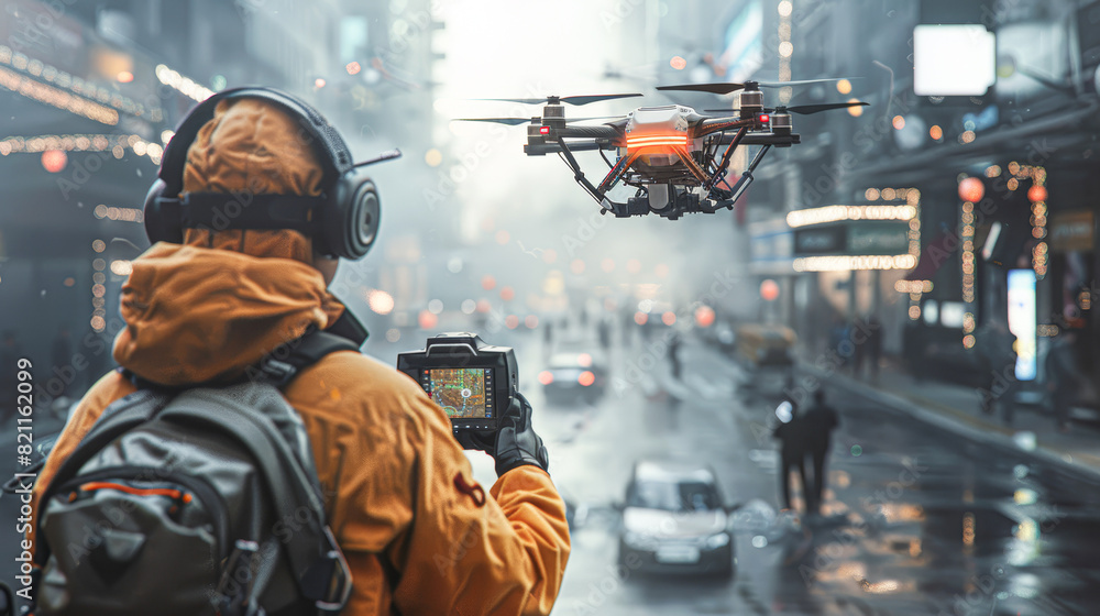 Urban Planning and Monitoring: Professional Drone Operator Using Futuristic Drones in Flight Urban Planning and Monitoring: Professional Drone Operator Using Futuristic Drones in Flight