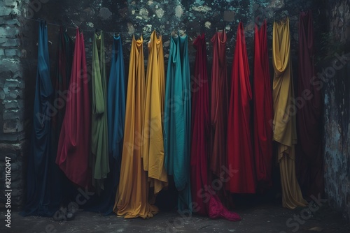 A close up of a bunch of colorful cloths hanging on a wall