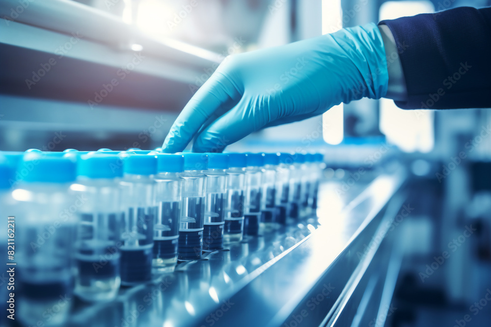 Hands with blue sanitary gloves are inspecting a row of glass medical vials on a production line moving along a conveyer belt in a pharmaceutical factory lab equipment for science research Hands with blue sanitary gloves are inspecting a row of glass medical vials on a production line moving along a conveyer belt in a pharmaceutical factory lab equipment for science research