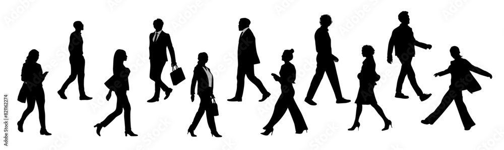 Silhouettes of Various people walking side view. Modern men and women in smart casual outfits with bags, phone, briefcase. Vector black monochrome illustrations isolated on transparent background.