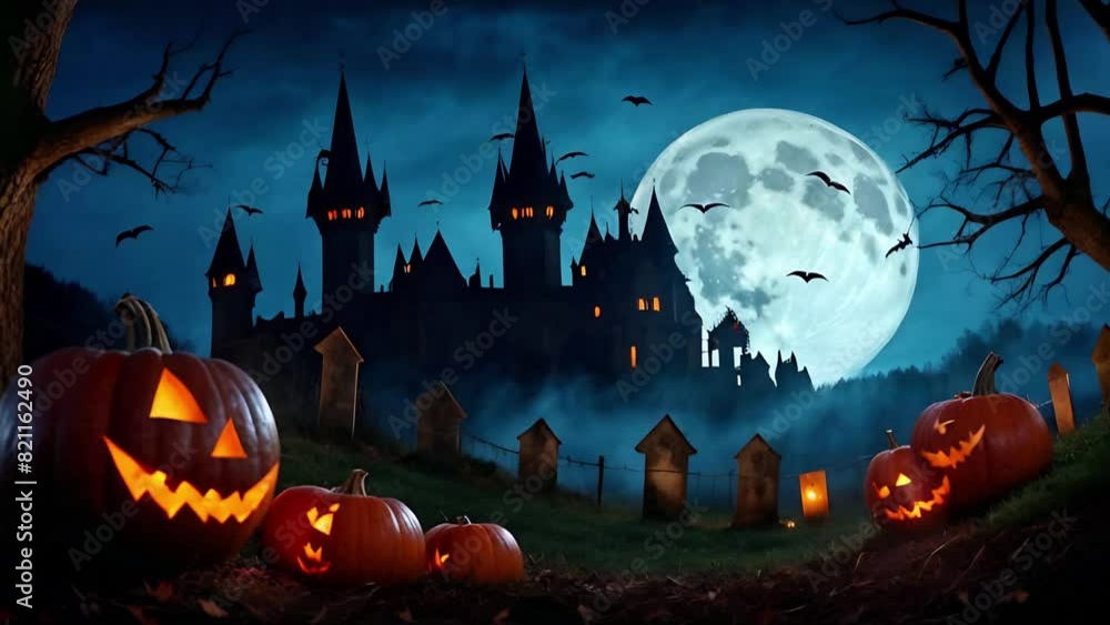 Halloween Night with Castle with Bats and Jack O Lanterns 4K features ...