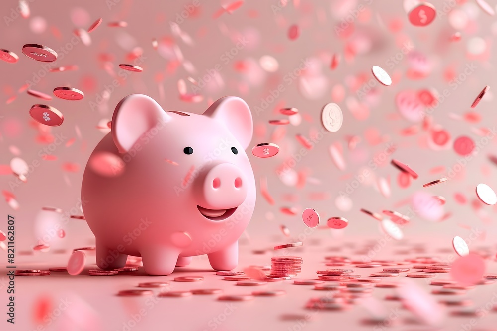 Close up of piggy bank with falling coins Close up of piggy bank with falling coins