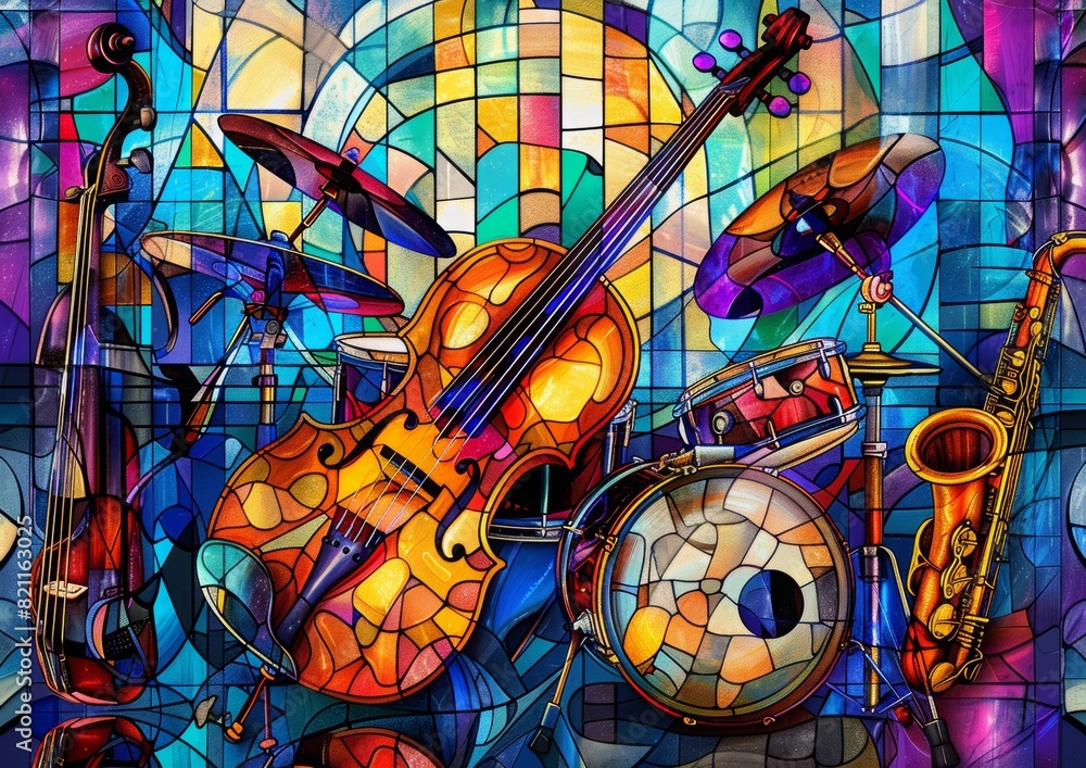 Fototapeta premium A vibrant and colorful musical instruments, including the electric guitar, violin, piano keys, drum set, saxophone. Stained Glass style, In an abstract art style with a detailed background and vivid c