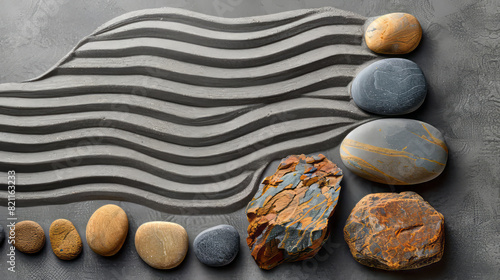 Award Winning National Geographic rule of thirds, photograph of a minimalist Japanese rock garden, raked sand creating patterns around carefully placed stones, minimalist, plain Ze
