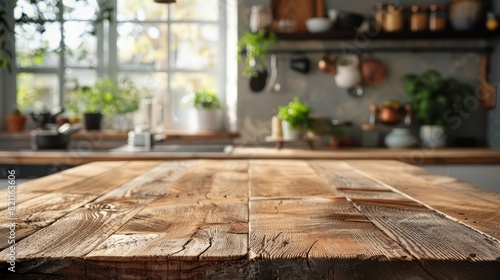A kitchen with a wooden countertop and a window © Dumrongkait