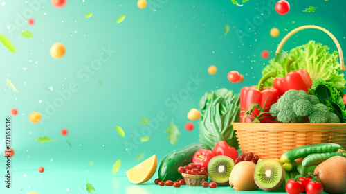 fresh products on the right on a green background. At the top there are vegetables and a small basket full of fruit on a light green background referring to a healthy lifestyle with space for text