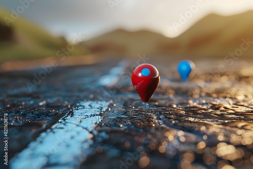 Three red and blue pins on the road