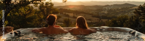 A couple is enjoying a hot tub in the mountains