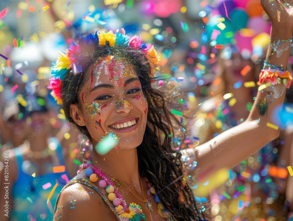 A woman is wearing a colorful headdress and is surrounded by confetti A woman is wearing a colorful headdress and is surrounded by confetti