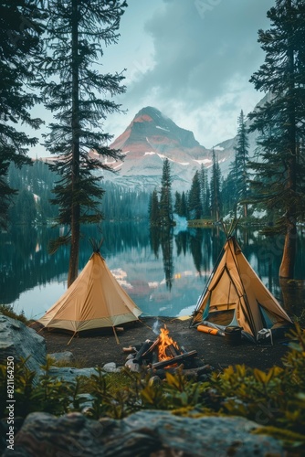 Two teepees are set up next to a lake in the woods