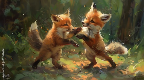 Playful baby foxes pouncing on each other in a game of tag, their fluffy tails wagging with excitement. photo