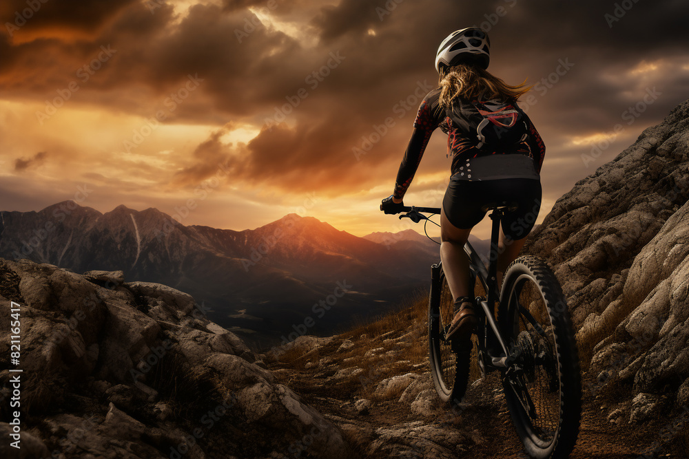 Naklejka premium A stunning foto of a adult and Asian woman riding her bicycle on a rocky mountain, a backside portrait of a girl racing her mountain-bike on a hillside full of rocks at sunset