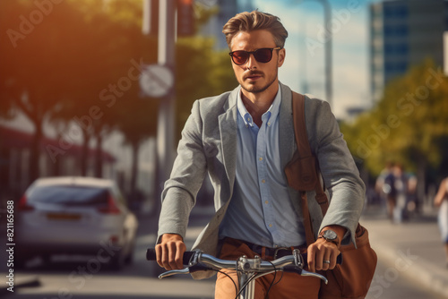 A beautiful adult of Latinformal man riding his bicycle to work, a frontside portrait of a guy commuting on a bicycle on a sunny day in an urban street at mid-day