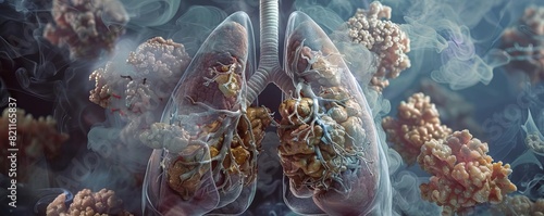 A comprehensive medical illustration, ideal for a module cover, depicting the interior of human lungs impacted by COPD, emphasizing inflamed and damaged lung tissue photo