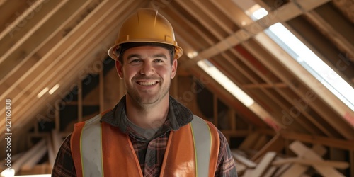 Young and cheerful construction worker wearing safety helmet and vest in unfinished attic space photo
