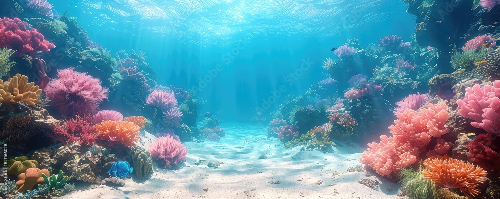 Naklejka premium Coral Reef during a dive flat design front view underwater adventure theme 3D render Monochromatic Color Scheme