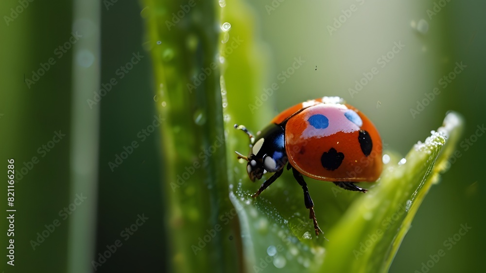 A vibrant ladybird, its red and black shell glistening in the early morning light, slowly making its way across a lush green leaf, its tiny legs leaving delicate imprints in the dewy surface. A vibrant ladybird, its red and black shell glistening in the early morning light, slowly making its way across a lush green leaf, its tiny legs leaving delicate imprints in the dewy surface.