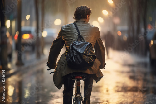 A beautiful adult of Latinformal man riding his bicycle to work, a backside portrait of a guy commuting on a bicycle on a rainy day in an urban street at mid-day © pangamedia