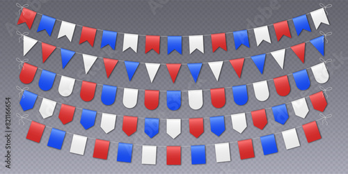 Bunting flags garland, party flags in red, blue and white colors. Patriotic pennant decoration for USA Independence Day. Vector illustration.